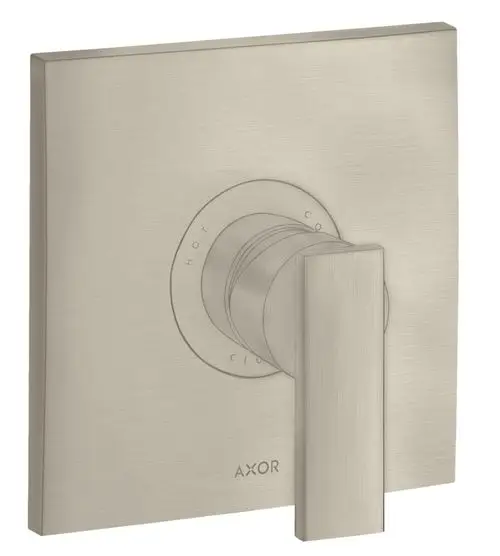 Unterputz-Brausemischer mit Hebelgriff in gebürstetem Nickel, gefertigt von AXOR. Schlichtes Design mit Markierungen für Temperaturregelung.